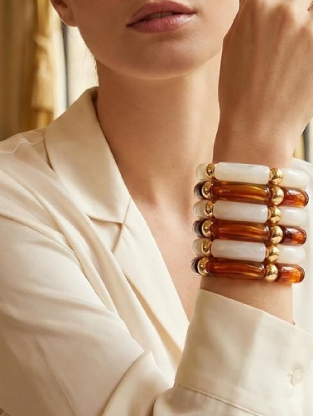 6Pc Acrylic Stretch Bracelet Stack Tortoise Shell Amber White Cream Bamboo Tube